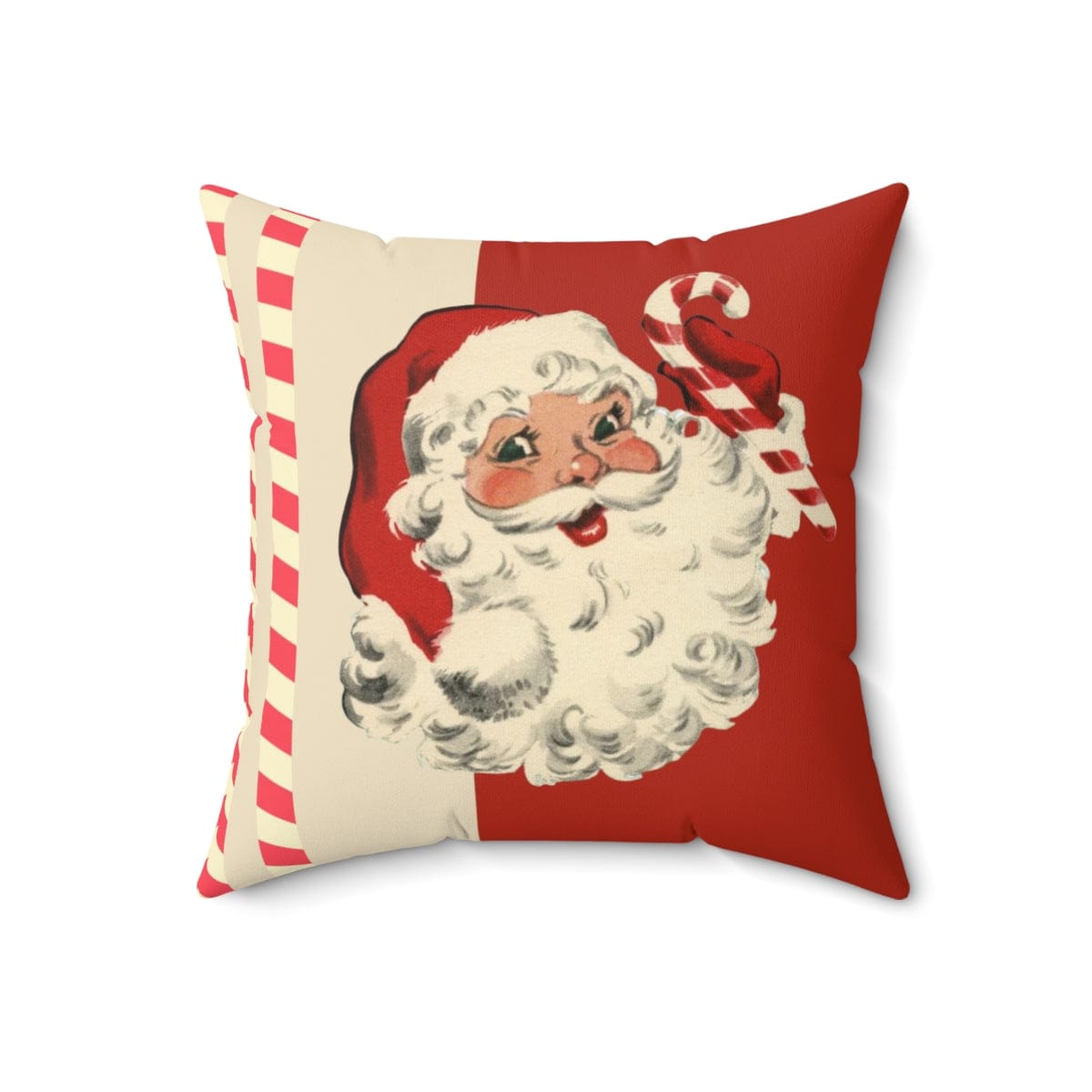 Vintage Santa Claus, Retro Christmas, Mid Century Modern Holiday, Cranberry Red, Beige, Candy Cane Stripe, Pillow And Insert Home Decor 18&quot; × 18&quot;