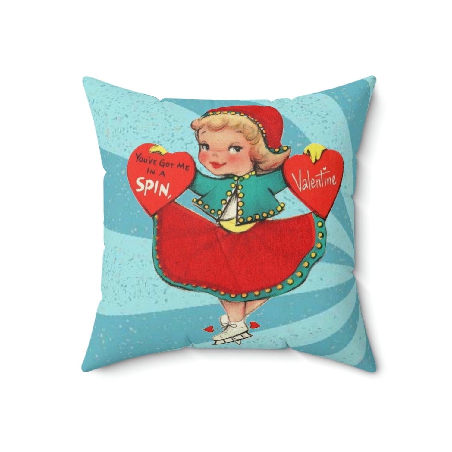 Vintage Valentine Card, Retro Girl On Ice Skates, Kitschy Cute Valentine LOVE Pillow And Insert Home Decor 18&quot; × 18&quot;