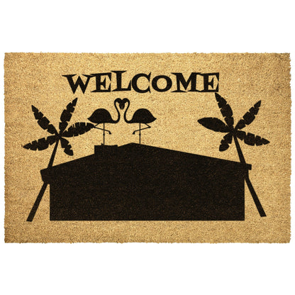 Mid Century Modern Home Style, Welcome Mat, Flamingo, Palm Trees, Retro Welcome Mat, Housewarming,  New Home Entry Way Door Mat Home Goods 18x12