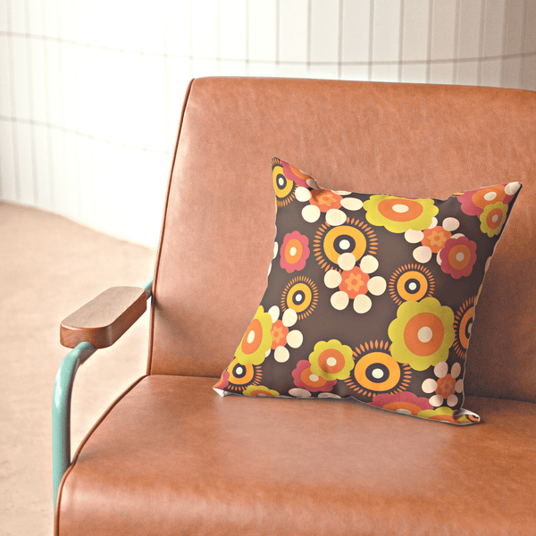 1960's, 1970's Groovy Flower Power, Hipster, Hippie Chic Mod Daisy Brown, Orange, Green Retro Throw Pillow And Insert