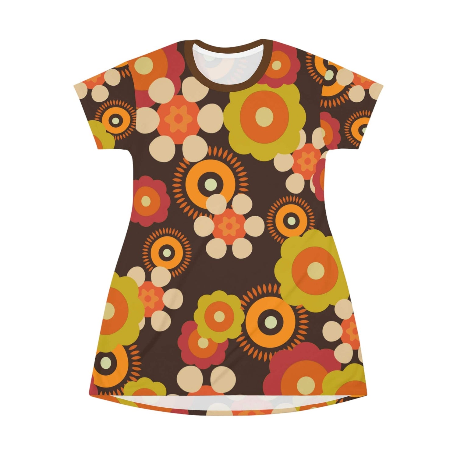 1970's Disco Party Dress, Mod Daisy, Brown, Orange, Green, Hippie Chick T-Shirt Dress S 1970's Disco Party Dress, Mod Daisy, Brown, Orange, Green, Hippie Chick T-Shirt Dress S