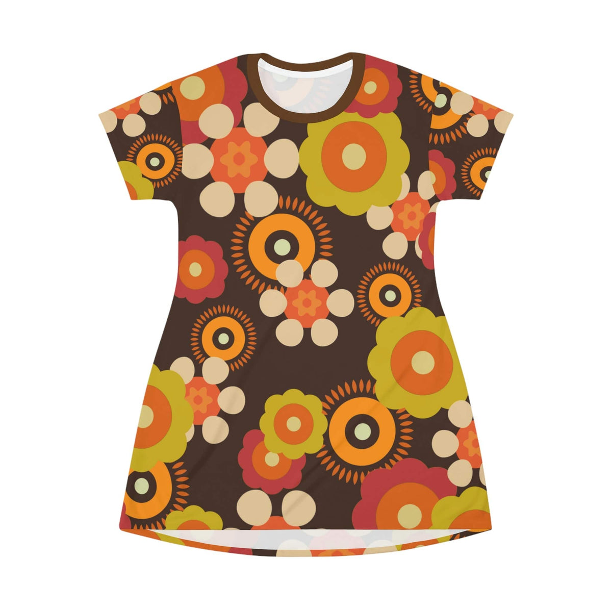 1970's Disco Party Dress, Mod Daisy, Brown, Orange, Green, Hippie Chick T-Shirt Dress All Over Prints