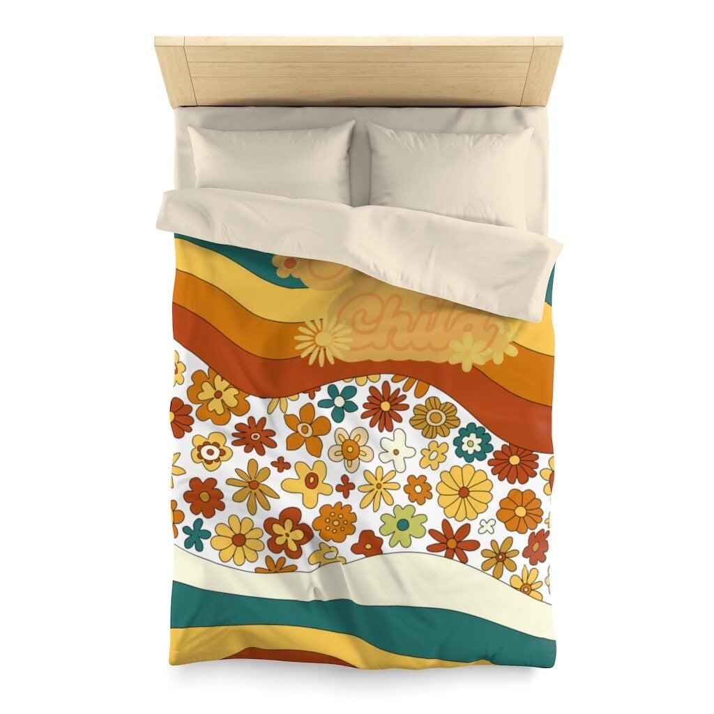 1970's Groovy, Mod Daisy Brown, Dark Teal, Yellow, Liquid Wave Floral Mid Century Modern Microfiber Duvet Cover