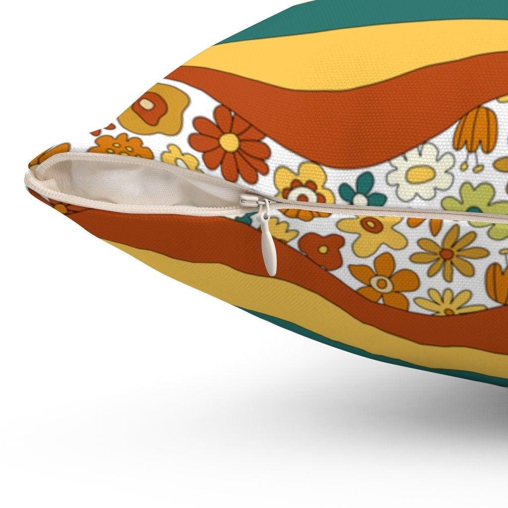 1970's Groovy, Mod Daisy Brown, Dark Teal, Yellow, Liquid Wave Floral Mid Century Modern Spun Polyester Square Pillow