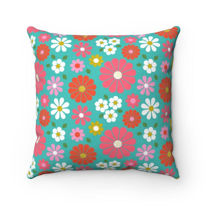 1970s Funky Retro Turquoise, Pink, White Daisy Flower Modern, 70s Décor Spun Polyester Square Pillow Home Decor
