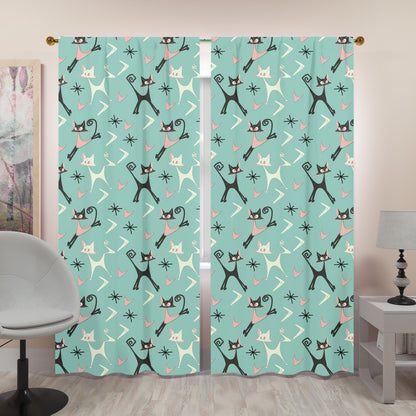 Atomic Cats, Whimsical Mid Century Modern Boomerangs, Kitshy 50s Vintage Style Window Curtains (two panels)