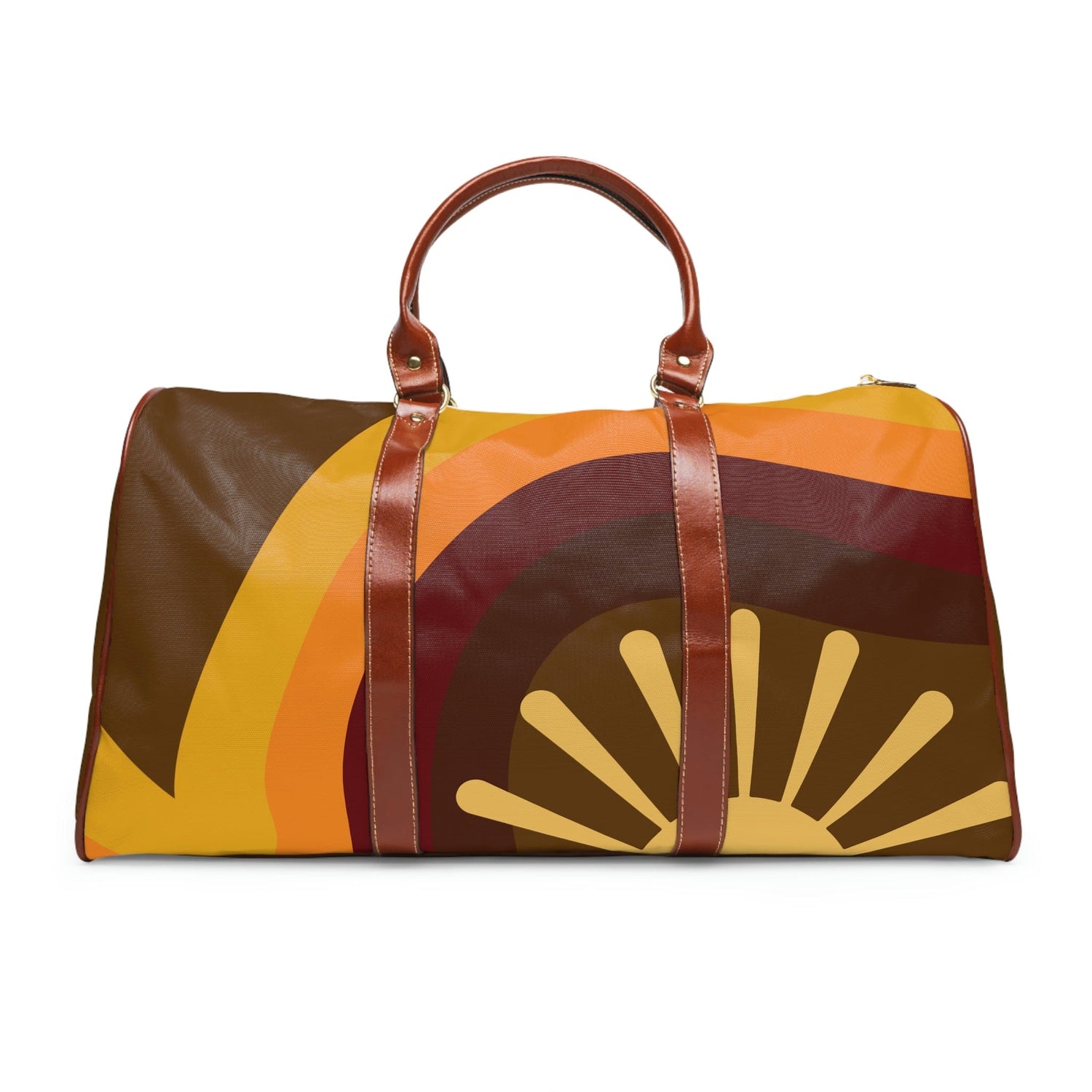 70's Retro Travel Bag, Rising Sun, Groovy, Orange, Brown, Yellow, Hippie,  Mid Mod Weekend Travel Bag - 7592036040859