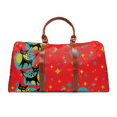Atomic Cat, Kitschy Cat, Mid Century Modern Red, Starburst, Waterproof Travel Bag Bags 20" x 12" / Brown
