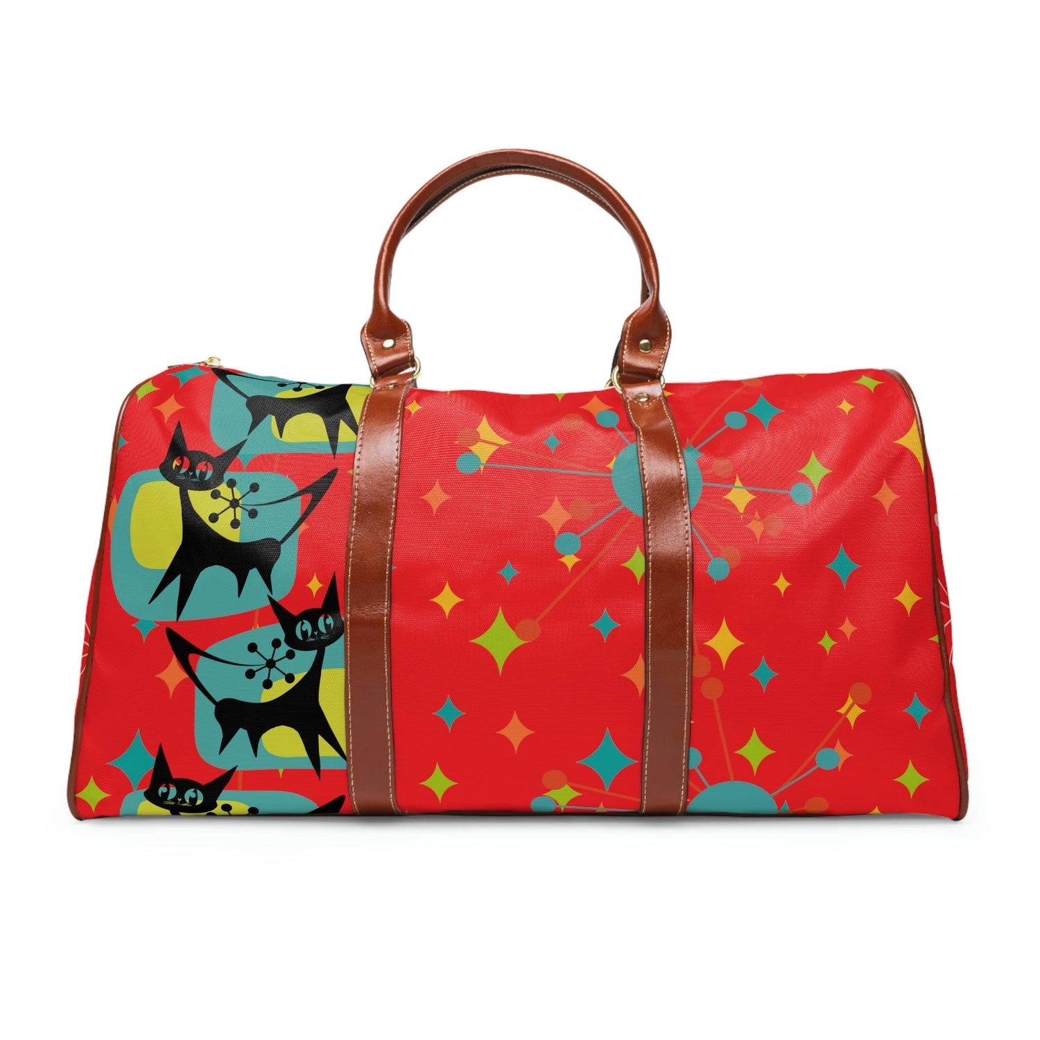 Atomic Cat, Kitschy Cat, Mid Century Modern Red, Starburst, Waterproof Travel Bag Bags 20&quot; x 12&quot; / Brown