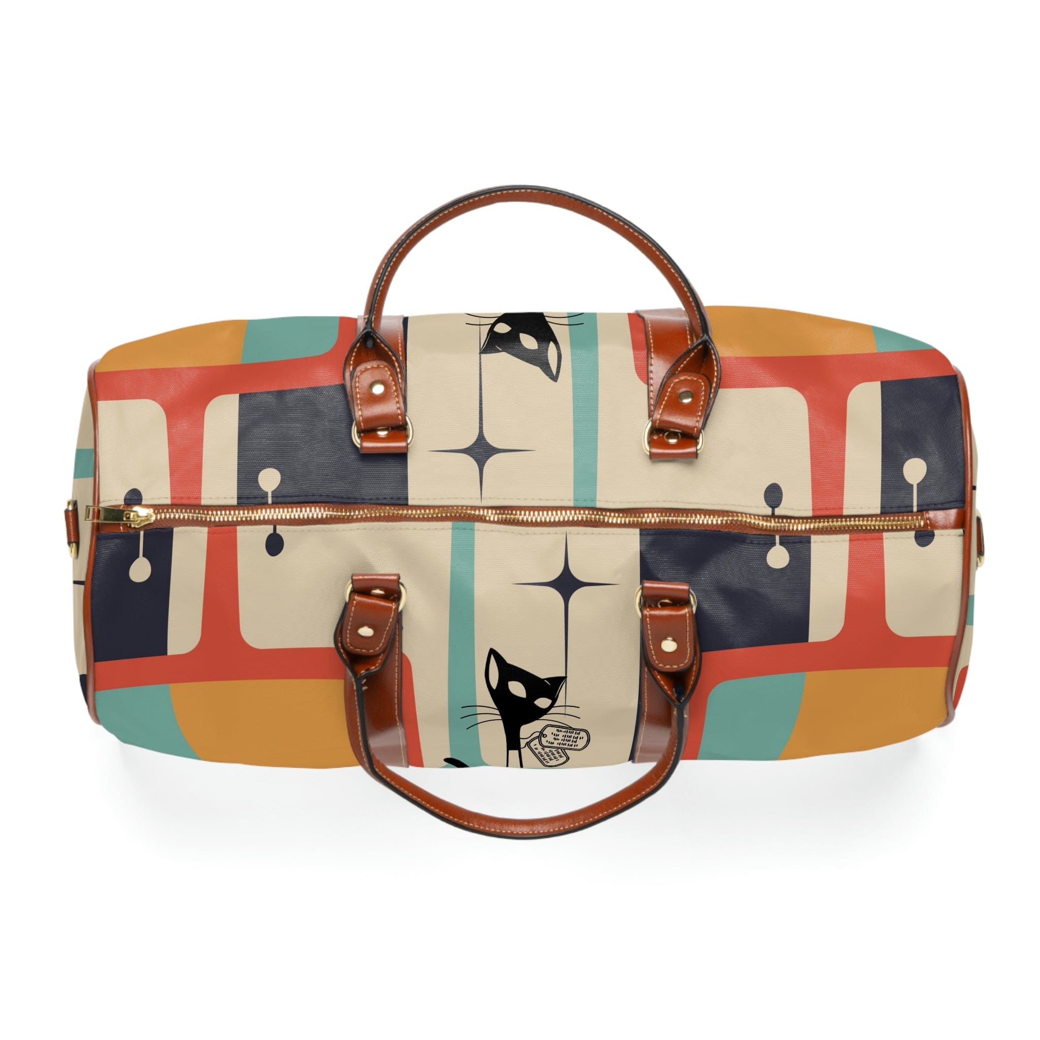 Atomic Cat, Mid Century Modern, Luggage, Travel Bag, Weekender, Retro Geometric, Beige, Gray, Orange, Mustard, Waterproof Travel Bag Bags 20&quot; x 12&quot; / Brown