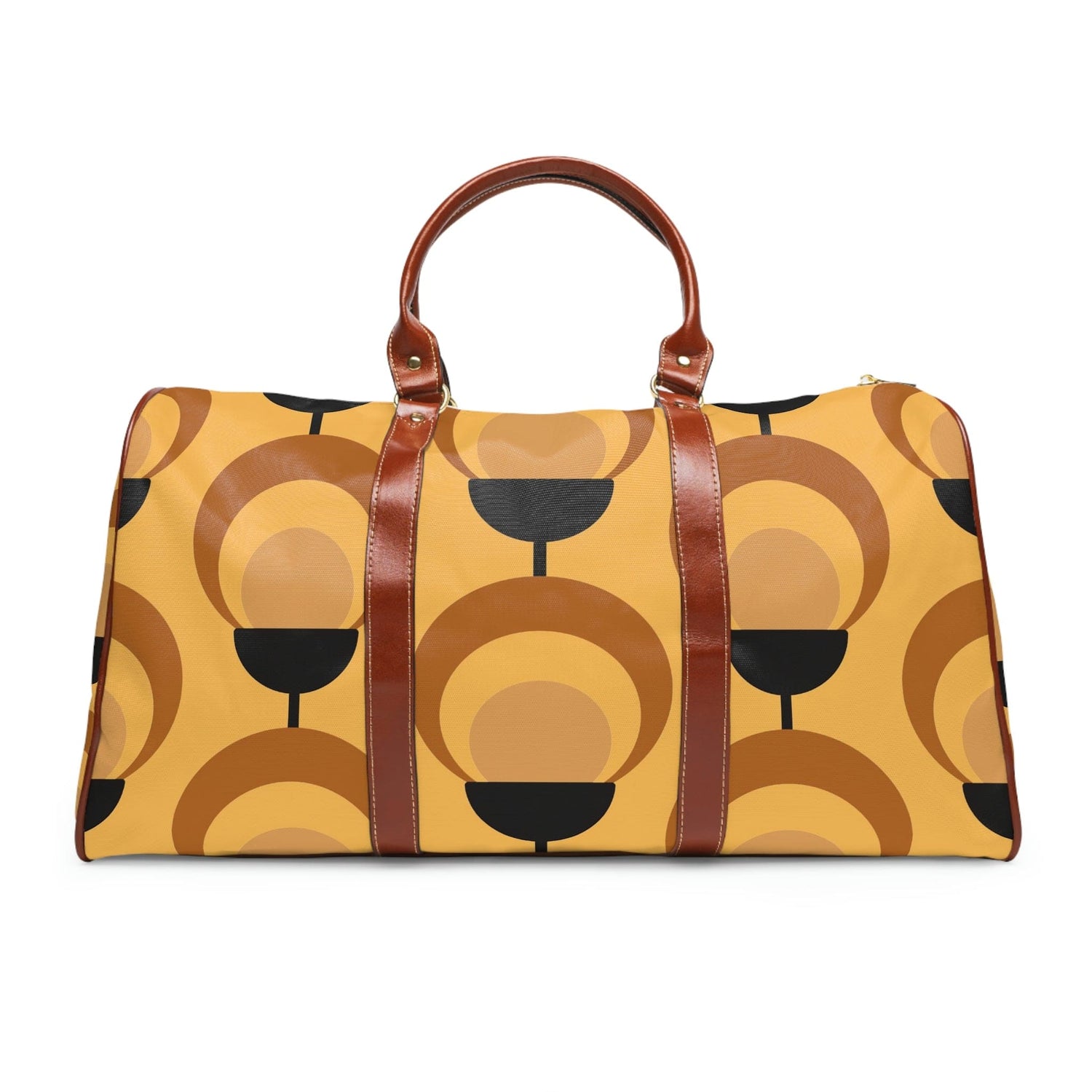 Mid Century Modern Travel Bag Golden Yellow, Black, Tan, Scandinavian Flower Retro Waterproof Travel Bag