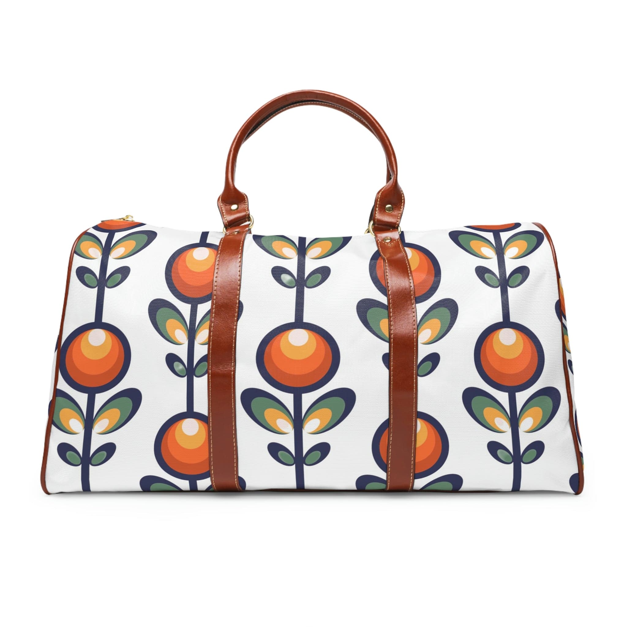 Scandinavian Flower, Modern Danish Design, Travel Bag, Carry On, Mid Century Modern, White, Blue, Orange, Green, Blue Waterproof Travel Bag Bags 20&quot; x 12&quot; / Brown
