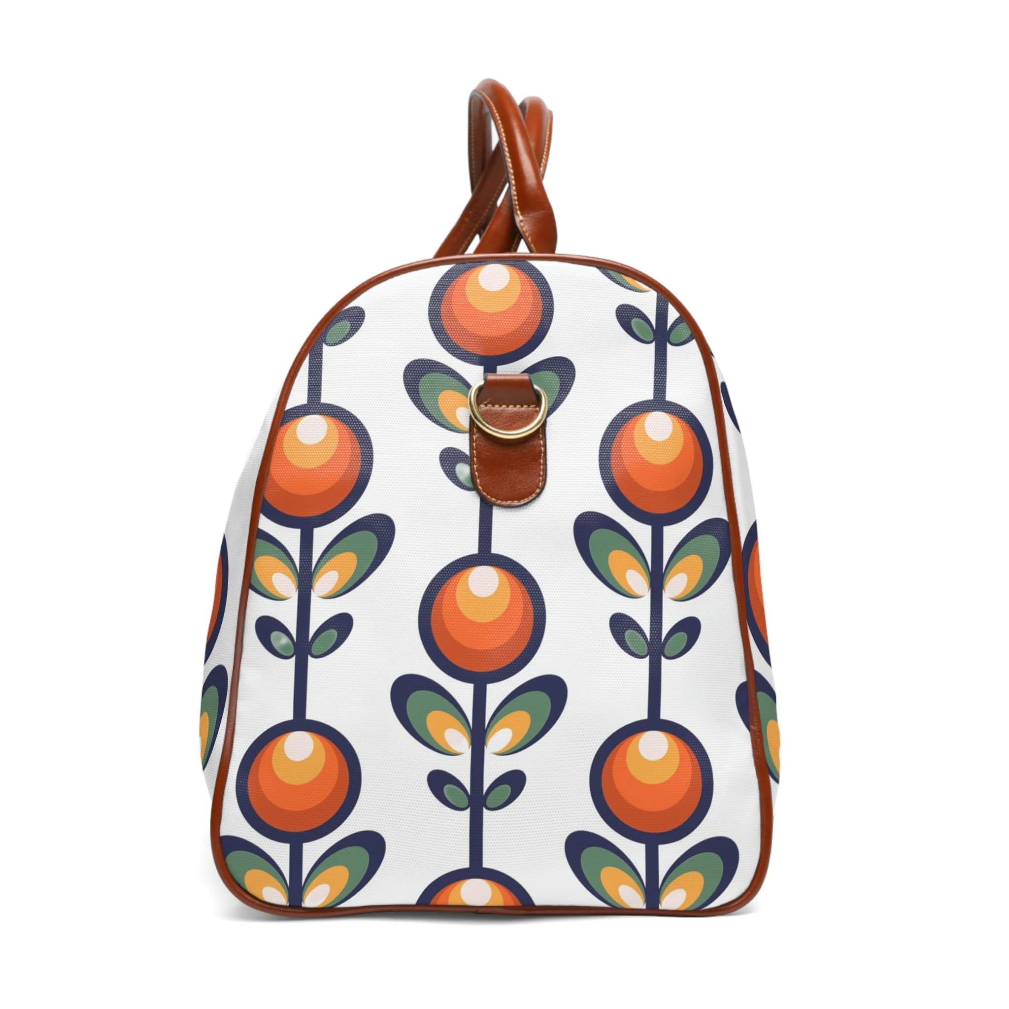 Scandinavian Flower, Modern Danish Design, Travel Bag, Carry On, Mid Century Modern, White, Blue, Orange, Green, Blue Waterproof Travel Bag Bags 20&quot; x 12&quot; / Brown