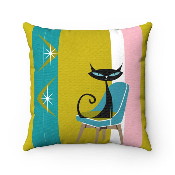 Atomic Cat Boomerang Green, Teal, Pink, White Retro 60's 70's Spun Polyester Square Pillow