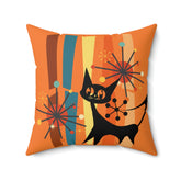 Atomic Cat, Retro Orange, Geometric, Starburst, MCM Black Cat Lover Gift Pillow Cover Home Decor 20" × 20"