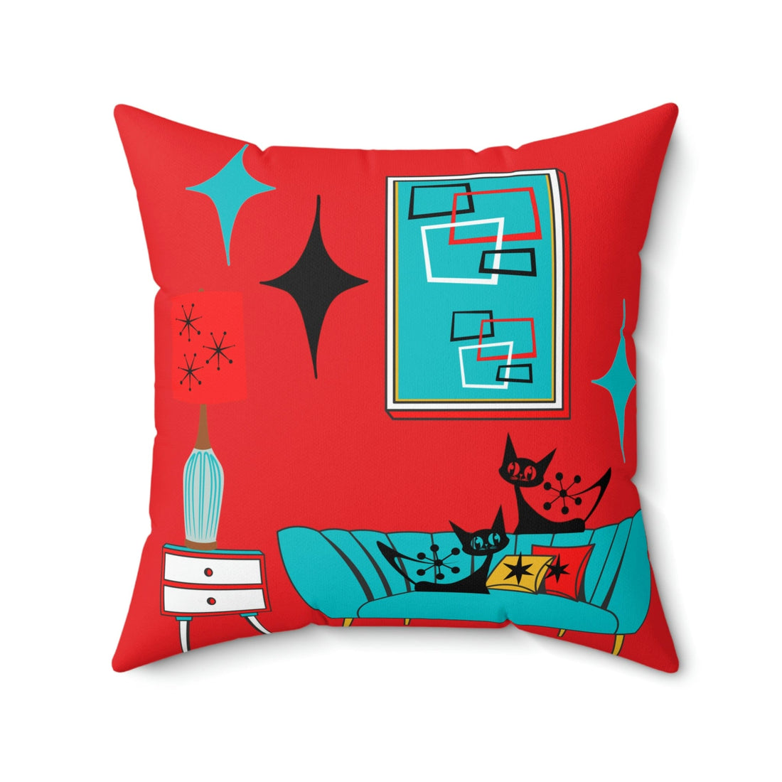 Atomic Cat, Sputnik Red, Aqua Blue, Mid Century Modern Pillow And Insert Home Decor 20&quot; × 20&quot;