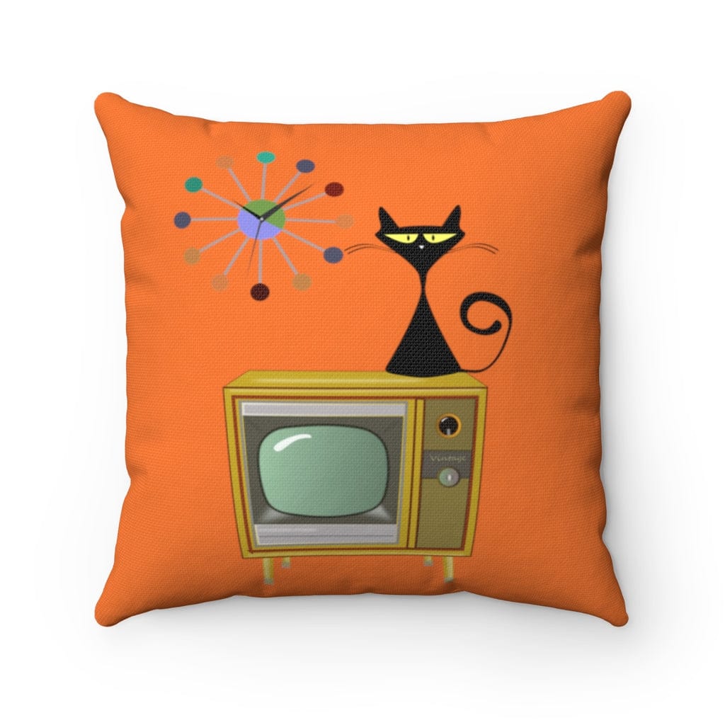 Mid Century Modern Kitschy Atomic Cat, Retro TV, Orange Atomic Clock Mid Mod MCM Home Decor Throw Pillow Home Decor 20&quot; × 20&quot;