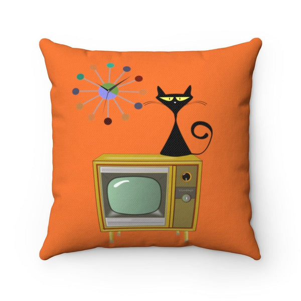 Mid Century Modern Kitschy Atomic Cat Retro TV Orange Atomic Clock Mid Mod MCM Home Decor Throw Pillow 6031740731547