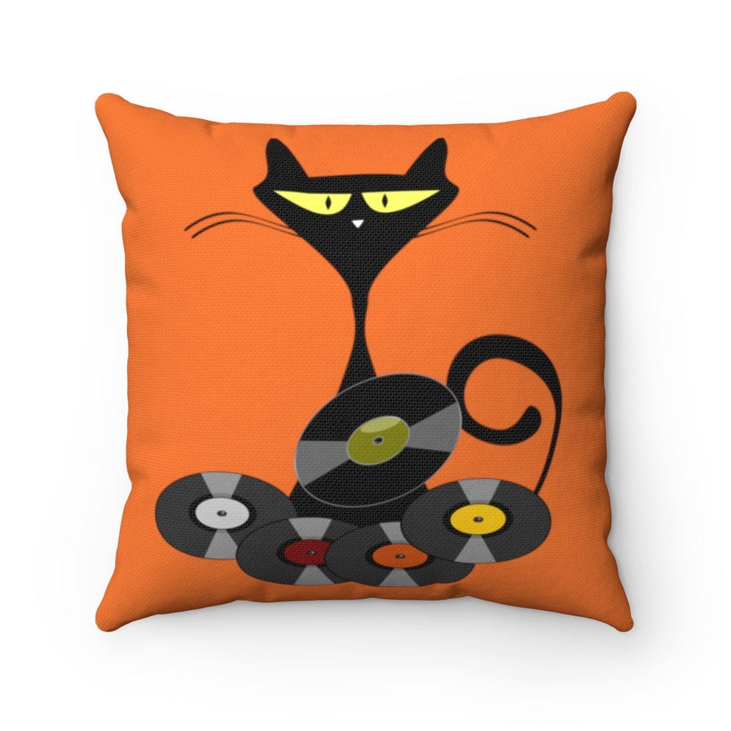 Mid Mod Cat, Mid Century Modern, Retro Black Cat and Albums Spun Polyester Square Pillow Home Decor 20" × 20"