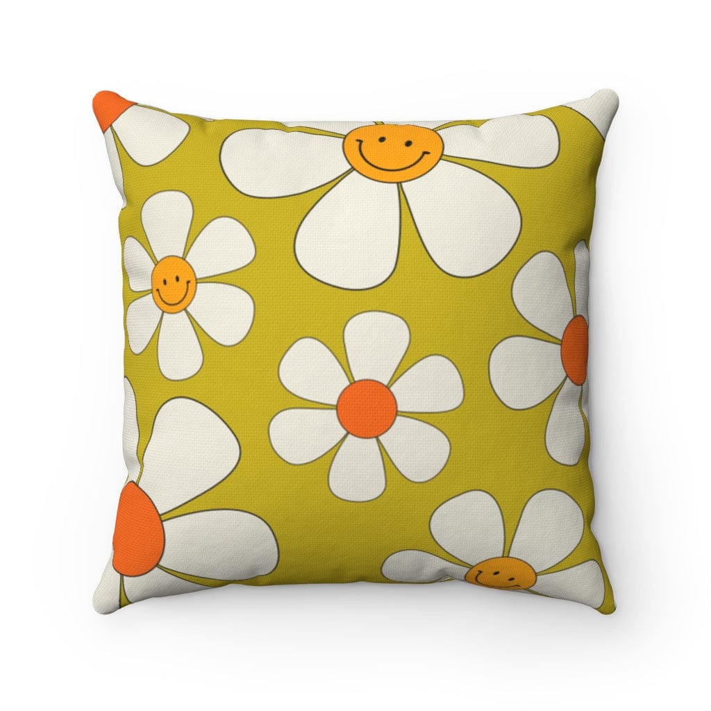 Retro Happy Face Bright Green, Orange Mod Daisy 70s Home Decor Spun Polyester Square Pillow Home Decor 20&quot; × 20&quot;
