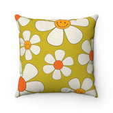 Retro Happy Face Bright Green, Orange Mod Daisy 70s Home Decor Spun Polyester Square Pillow Home Decor 20" × 20"