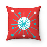 Retro Pillow Atomic Astro Star Burst Red, Aqua, White Mid Century Modern Square Pillow And Insert Home Decor 20" × 20"