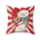 Vintage Valentine Card, Retro White Cat, All My Love Pillow Case ONLY Home Decor 20" × 20"