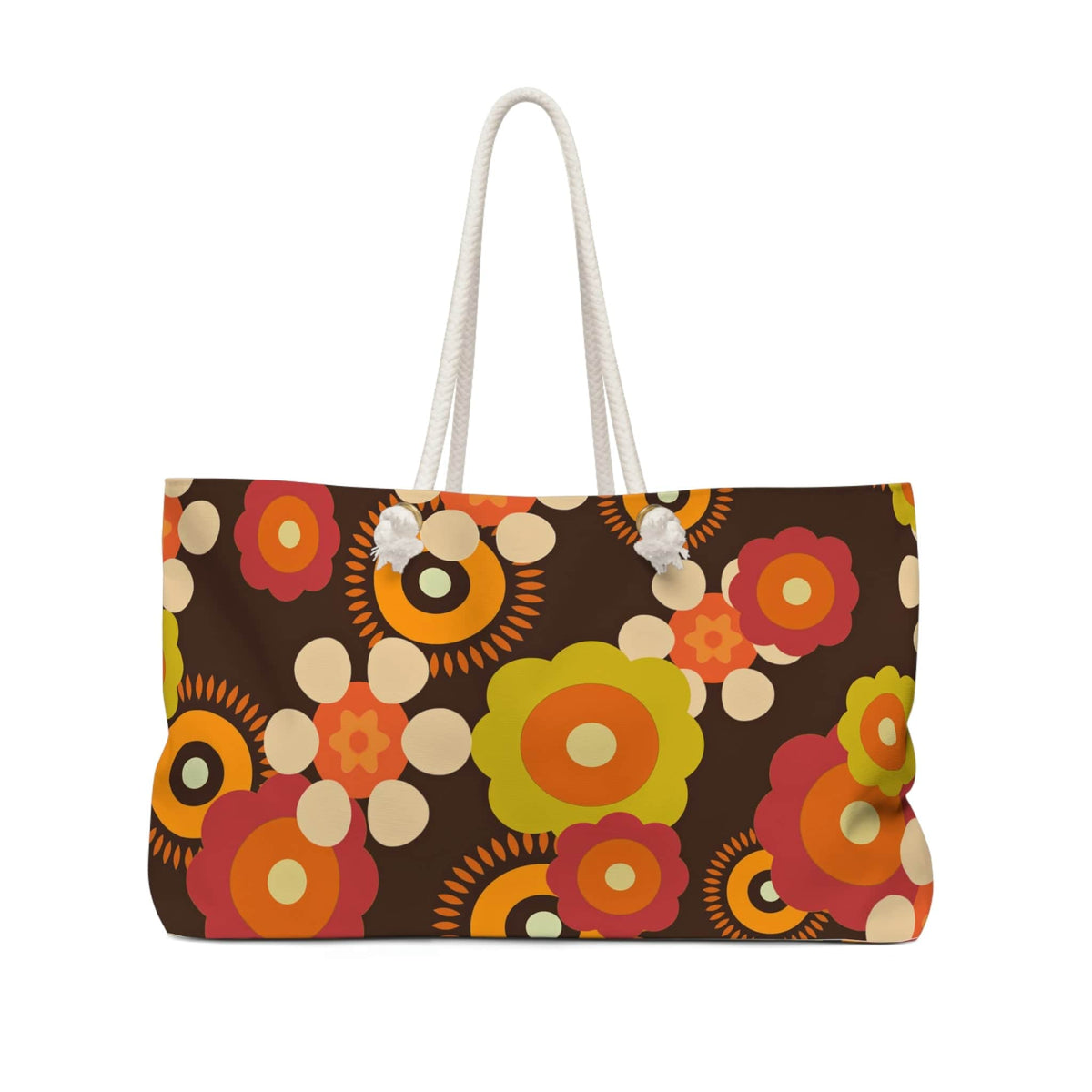 Hippie Beach Bag, Hipster Style Retro Groovy 70's Flower Power,  Brown, Orange, Green, Hipster Style Fun Colorful Travel Weekender Bag Bags 24" × 13"