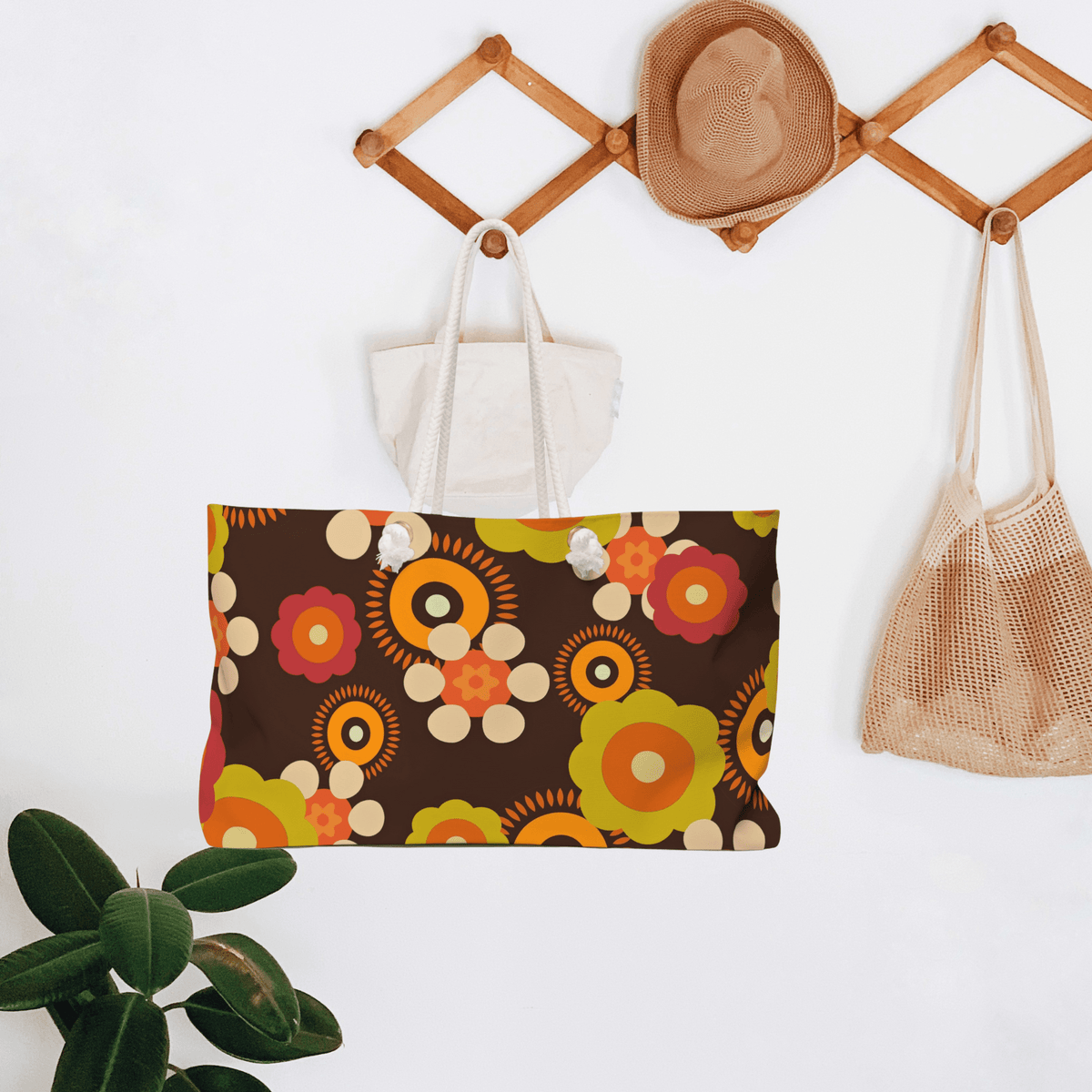 Hippie Beach Bag, Hipster Style Retro Groovy 70's Flower Power,  Brown, Orange, Green, Hipster Style Fun Colorful Travel Weekender Bag Bags 24" × 13"