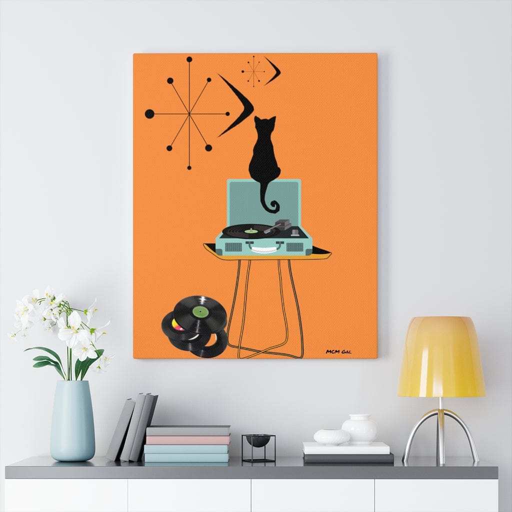 Atomic Black Cat Retro Orange Mid Century Modern Record Player MCM Home Scene Canvas Gallery Wrap Canvas Wall Art 24″ × 30″ / Premium Gallery Wraps (1.25″)