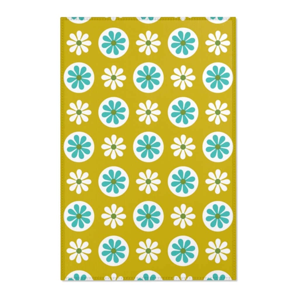 70's Mod Daisy Retro Floral White, Turquoise Blue, Lime Green Mid Century Area Rugs Home Decor 24" × 36"