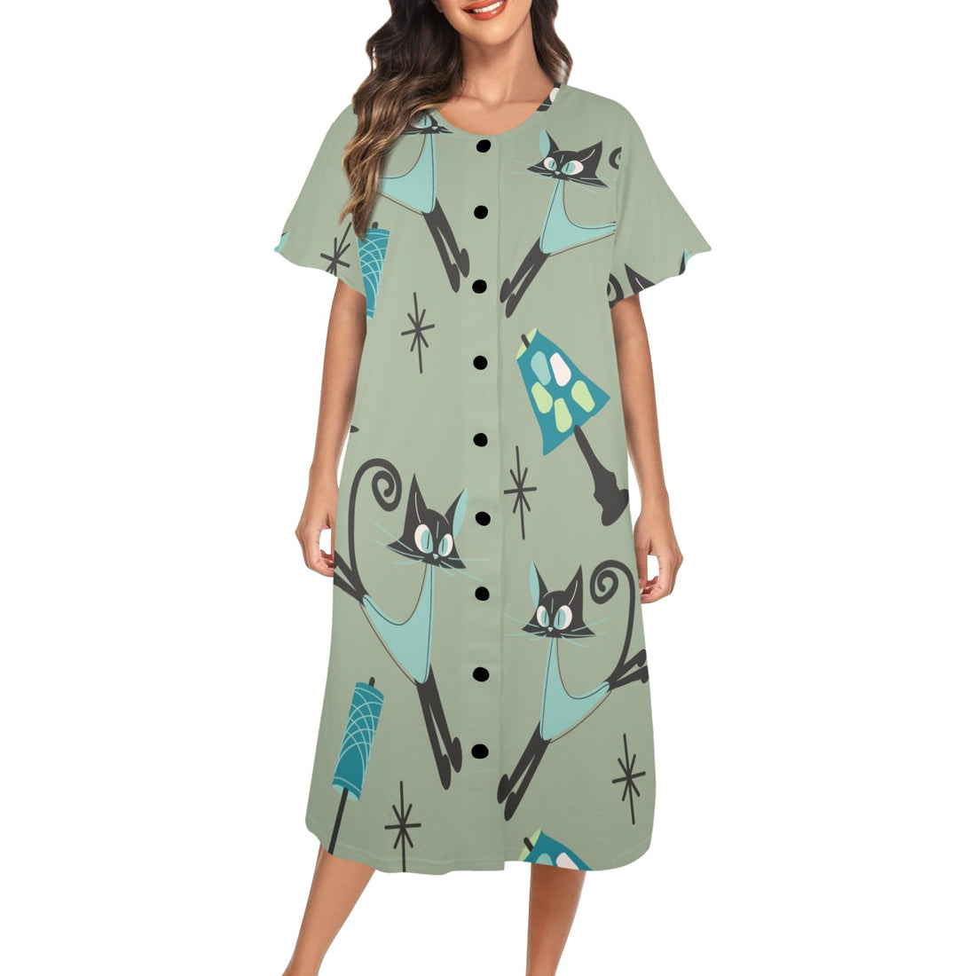 Atomic Cat Loungeware House Dress, Muumuu, Casual Wear Kitschy Comfy Fun - Mid Century Modern Gal