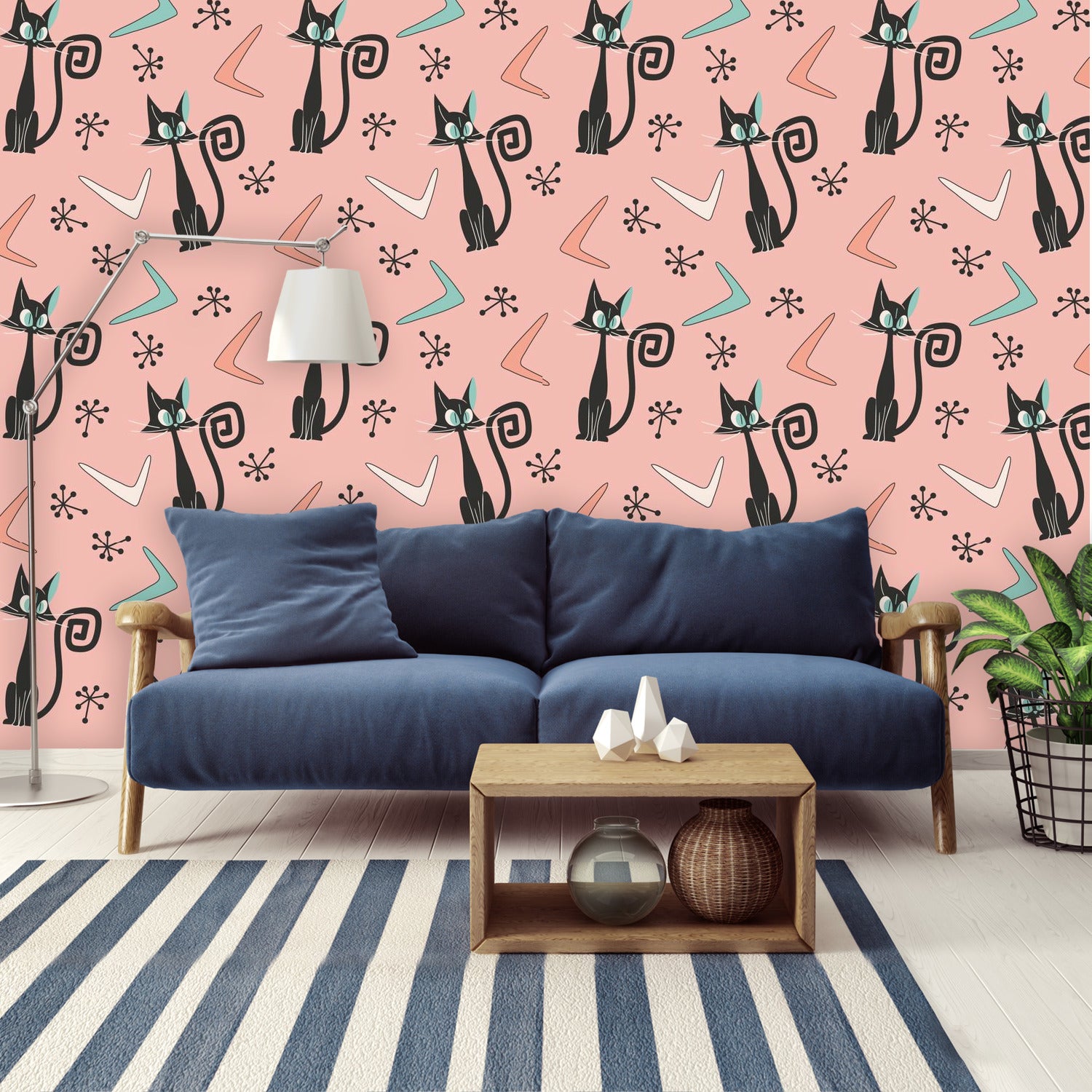 Atomic Cat Pink Retro Removeable Wall Paper, Peel And Stick Mid Century Modern Wall Murals