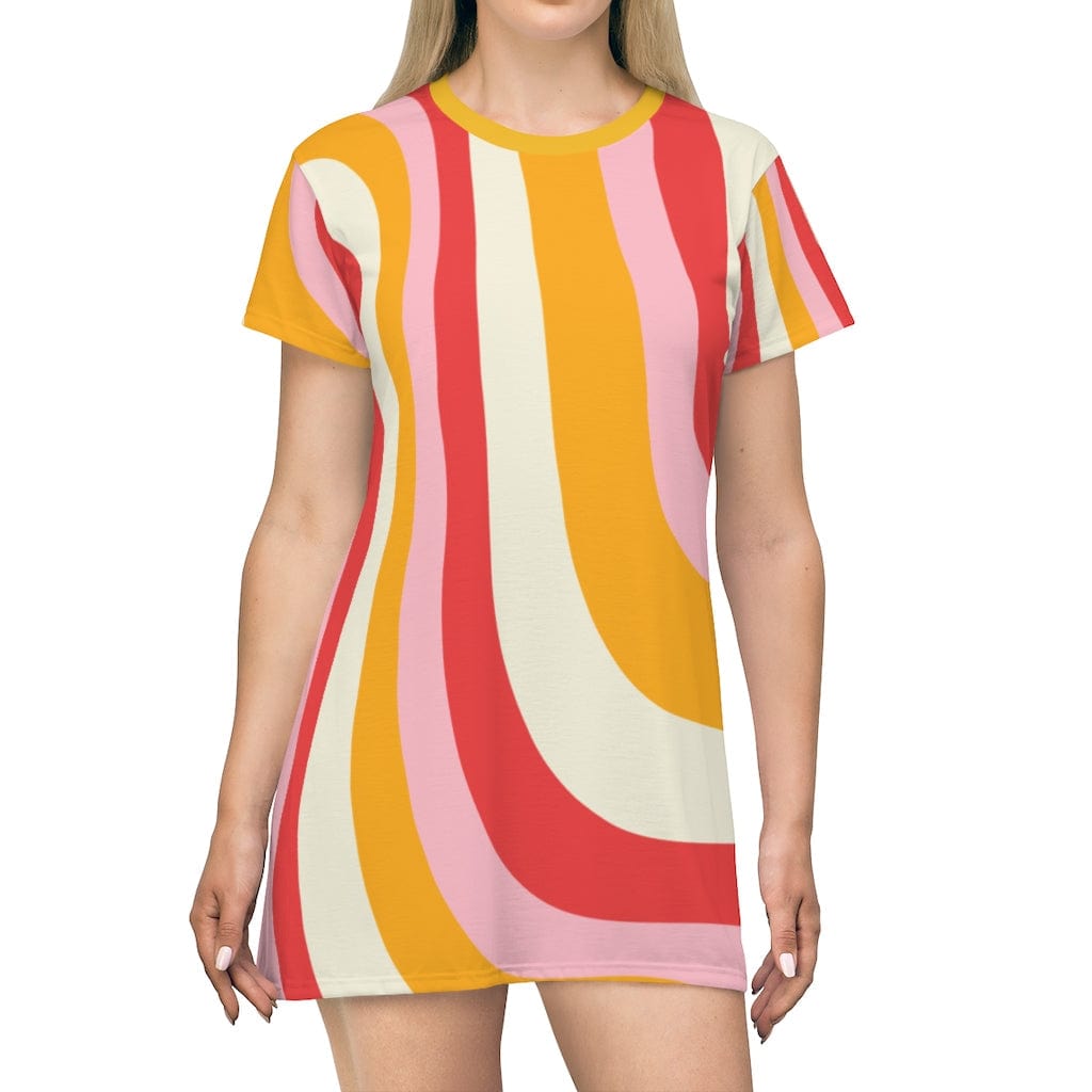 Groovy Retro 70s Pink, Yellow, Coral Hipster Mid Century Modern All Over Print T-Shirt Dress All Over Prints 2XL