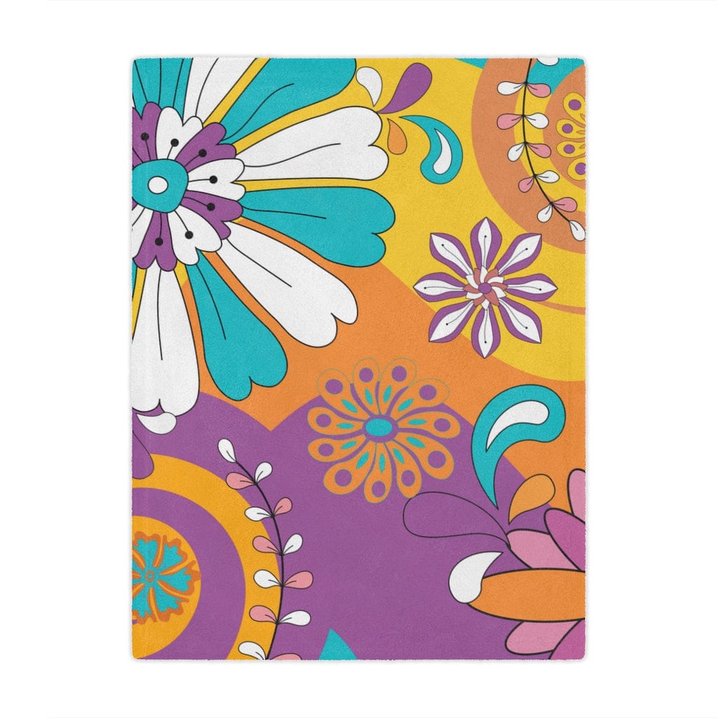 Retro 60's 70's, Groovy, Purple, Aqua, Orange, Hippie Flowers, Hipster Mid Mod Minky Soft Blanket Home Decor 30" × 40"