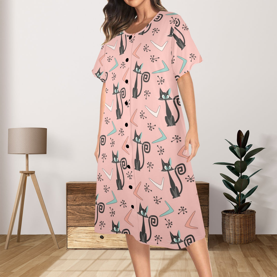 Mid Mod Muumuu House Dress Adorned With Kitschy Atomic Cats - Mid Century Modern Gal