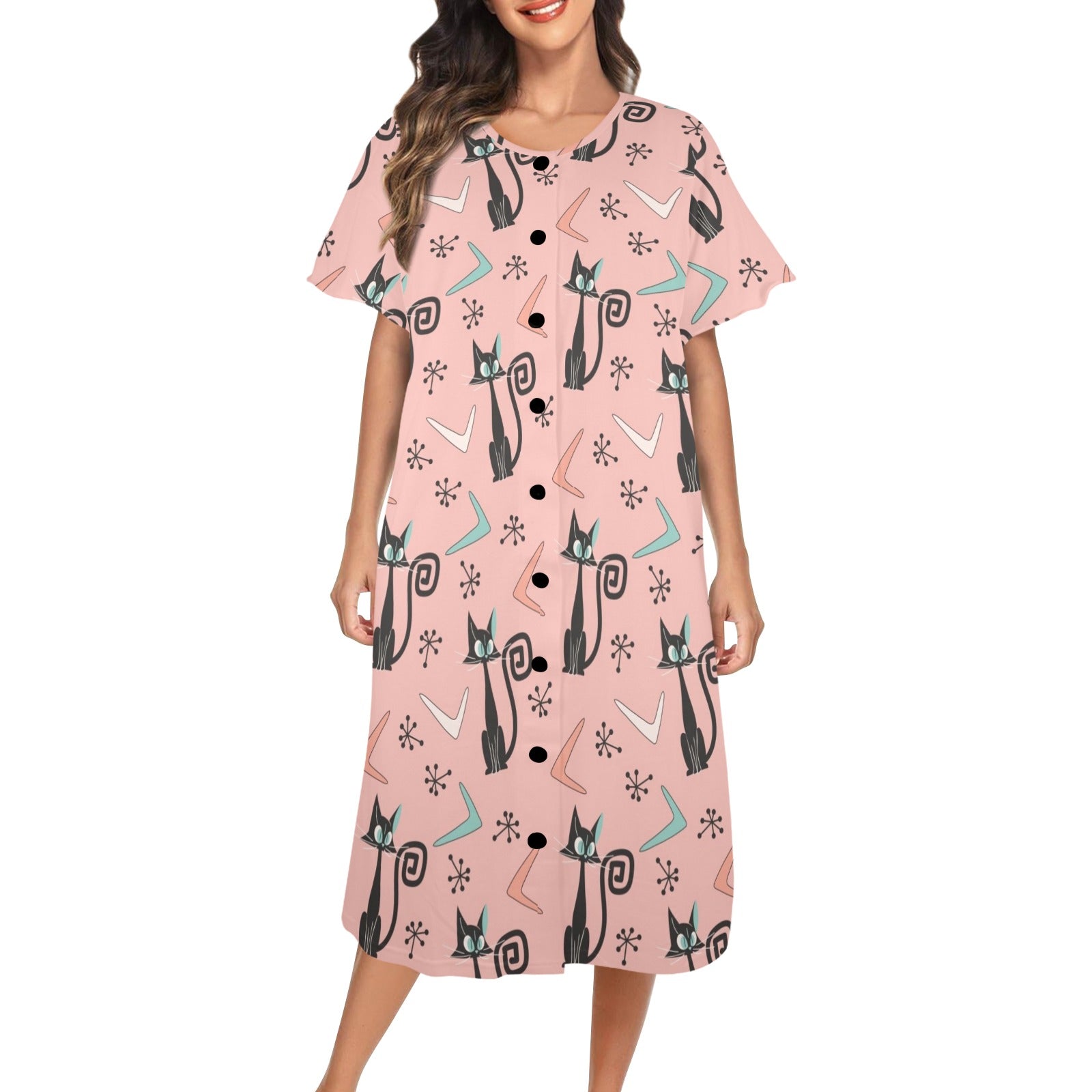 Mid Mod Muumuu House Dress Adorned With Kitschy Atomic Cats - Mid Century Modern Gal