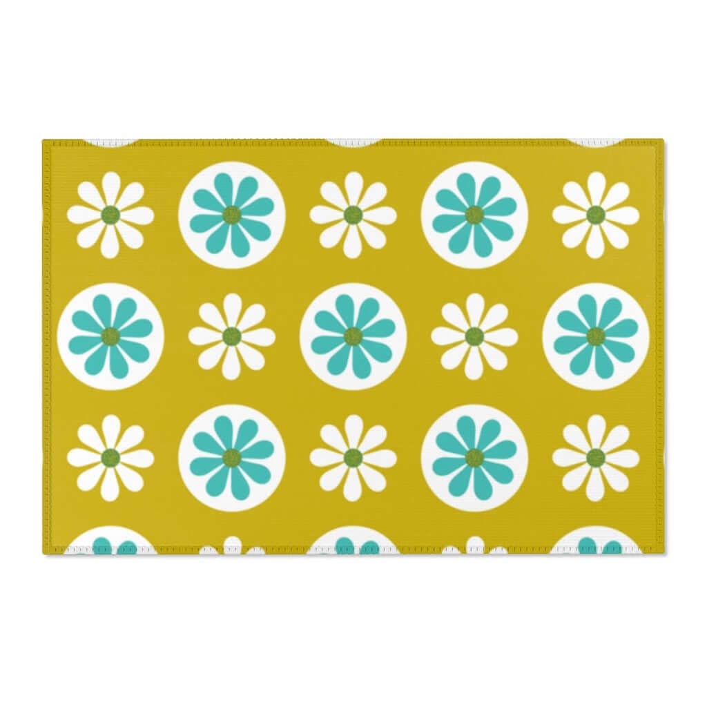 70's Mod Daisy Retro Floral White, Turquoise Blue, Lime Green Mid Century Area Rugs Home Decor 36" × 24"