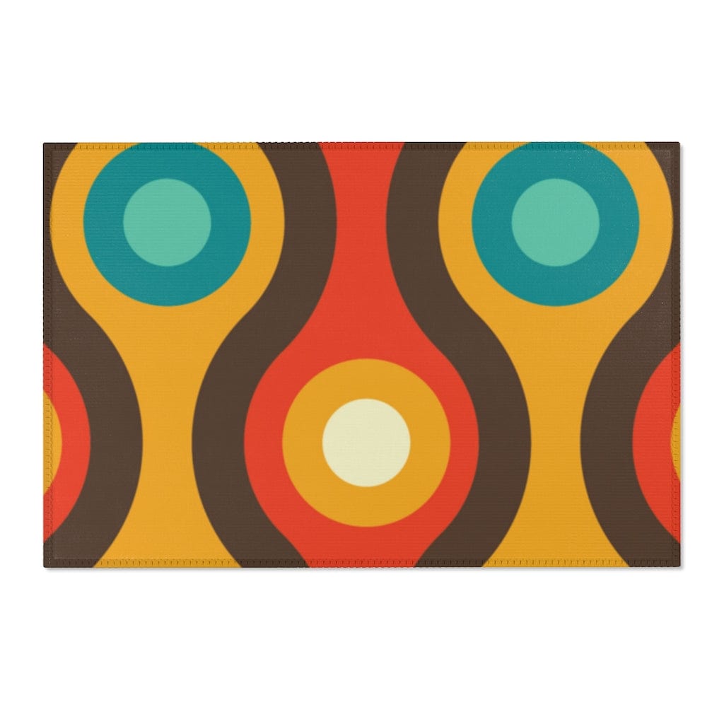 Mid Century Modern Retro Rug, Chocolate Brown, Turquoise Blue, Mustard Yellow Groovy Hipster 1970's Area Rugs Home Decor 36" × 24"