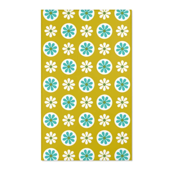 70's Mod Daisy Retro Floral White, Turquoise Blue, Lime Green Mid Century Area Rugs