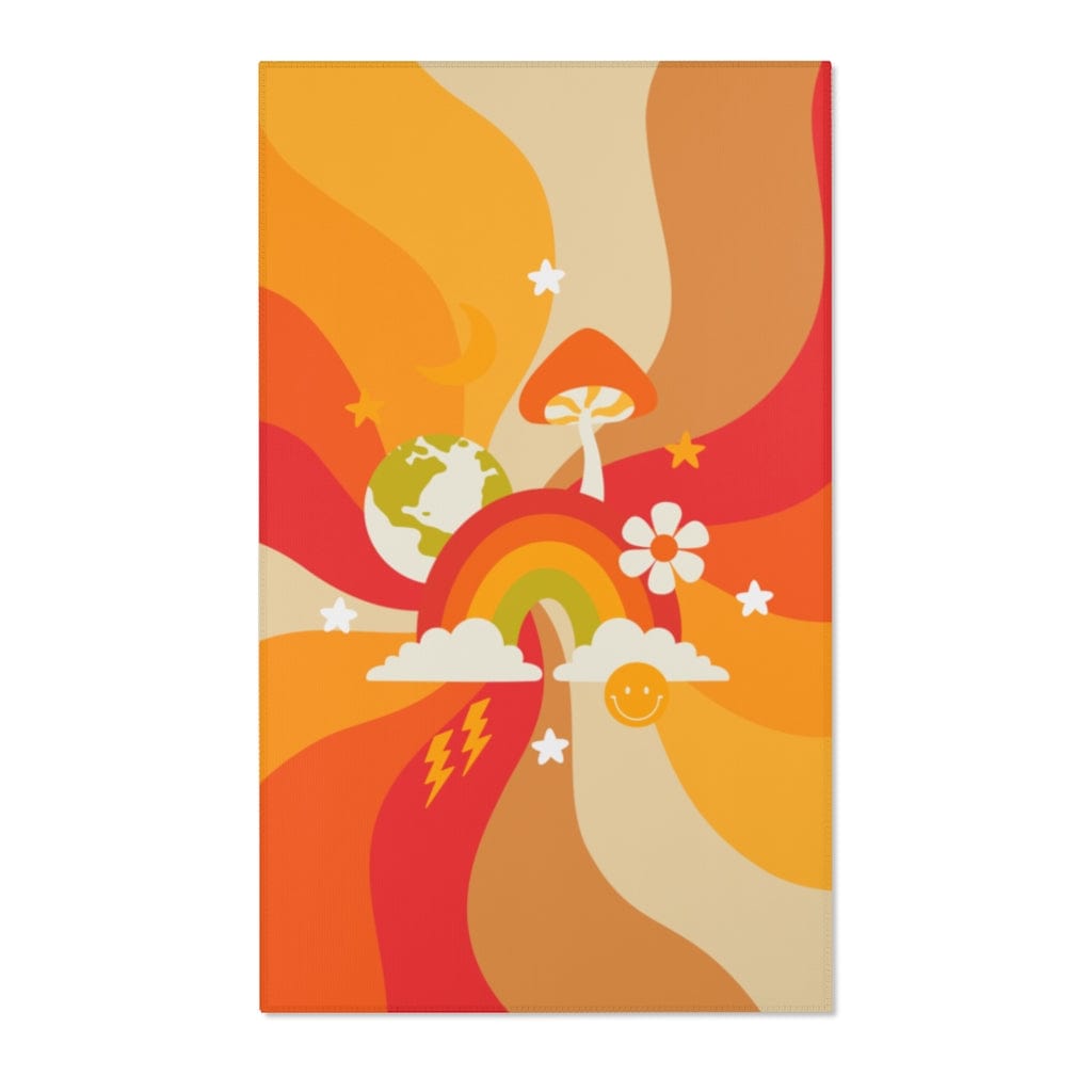 Retro 70's Area Rug, Groovy Mushroom, Rainbow Wave, Orange, Yellow, Pinkish Red Mid Century Modern Home Decor 36" × 60"
