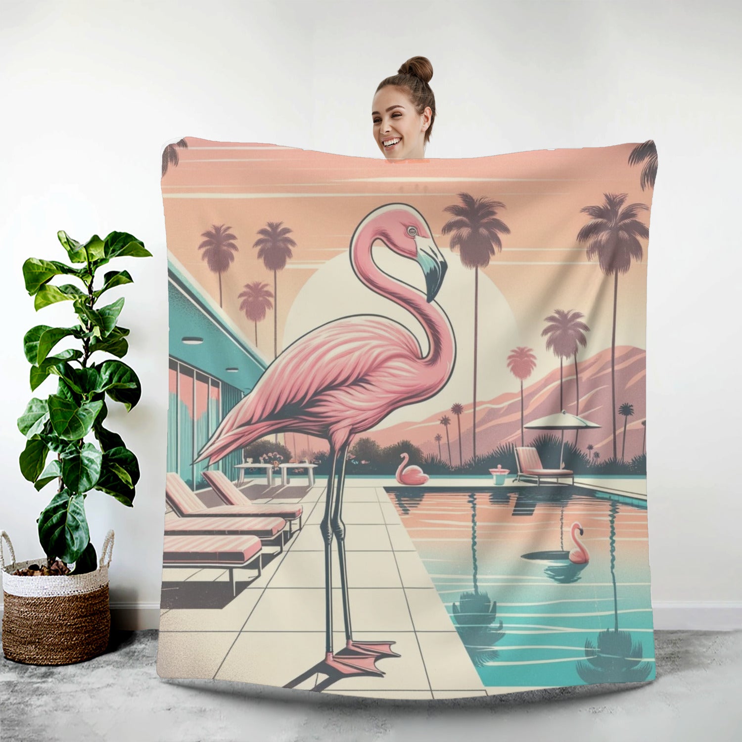 Palm Springs Cali, Flamingo 50s Style Soft Cozy Minky Blanket