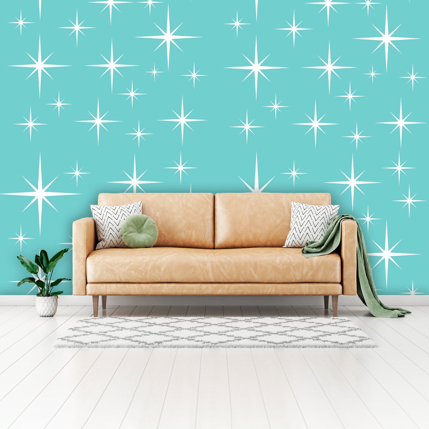 Mid Century Modern Wallpaper In Aqua And White Starbursts, Removeable, Peel And Stick Wall Murals