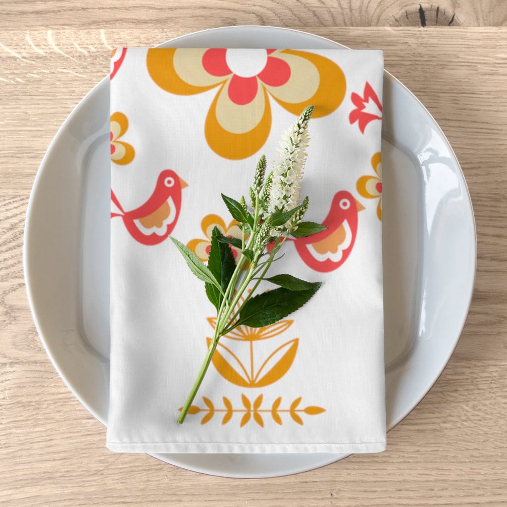 Retro Friendship, Pyrex Lover, Collector, White, Coral, Yellow Mod Flower Dinner Party Napkins Accessories 4-piece set / White / 19&quot; × 19&quot;