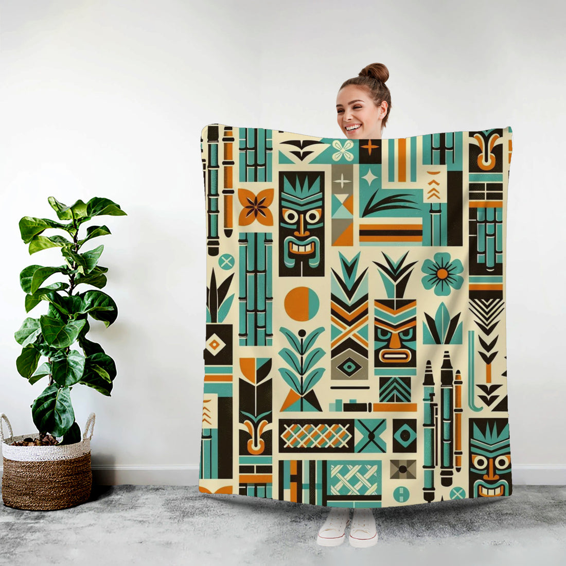 Tiki Idols, Mid Century Modern, Polynesian Style MCM Sherpa Blanket