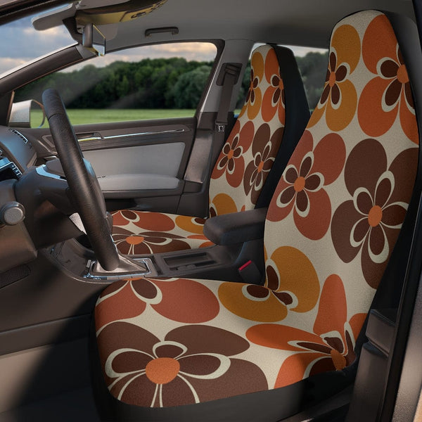 60's 70's Retro Boho, Mid Mod Daisy, Groovy, Flower Power, Hippie, Hipster, Beige, Orange, Brown, Mid Century Modern Car Seat Covers