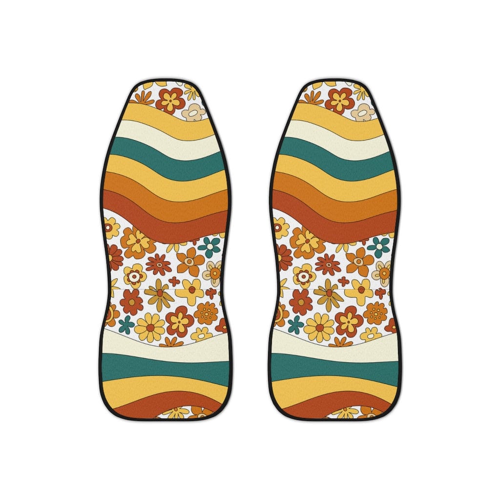 70's Groovy, Mid Mod, Flower Power, Brown, Cream Beige, Teal, Retro Car Seat Covers All Over Prints 48.03" × 18.50" / Black