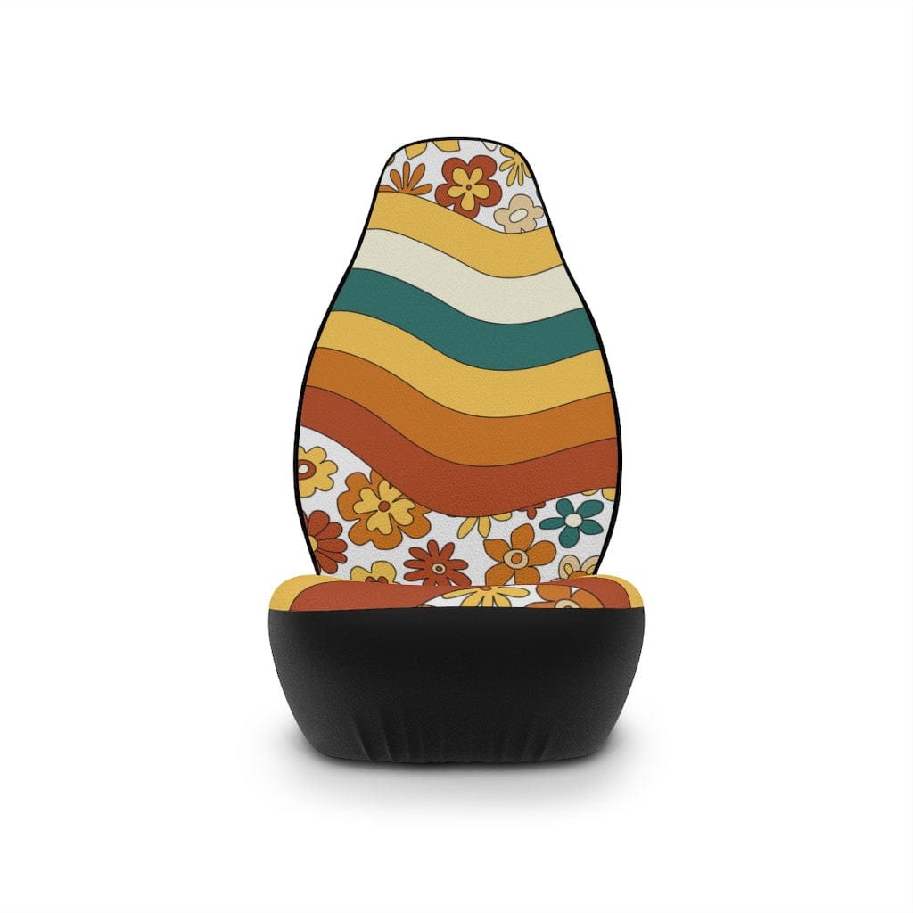 70's Groovy, Mid Mod, Flower Power, Brown, Cream Beige, Teal, Retro Car Seat Covers All Over Prints 48.03" × 18.50" / Black