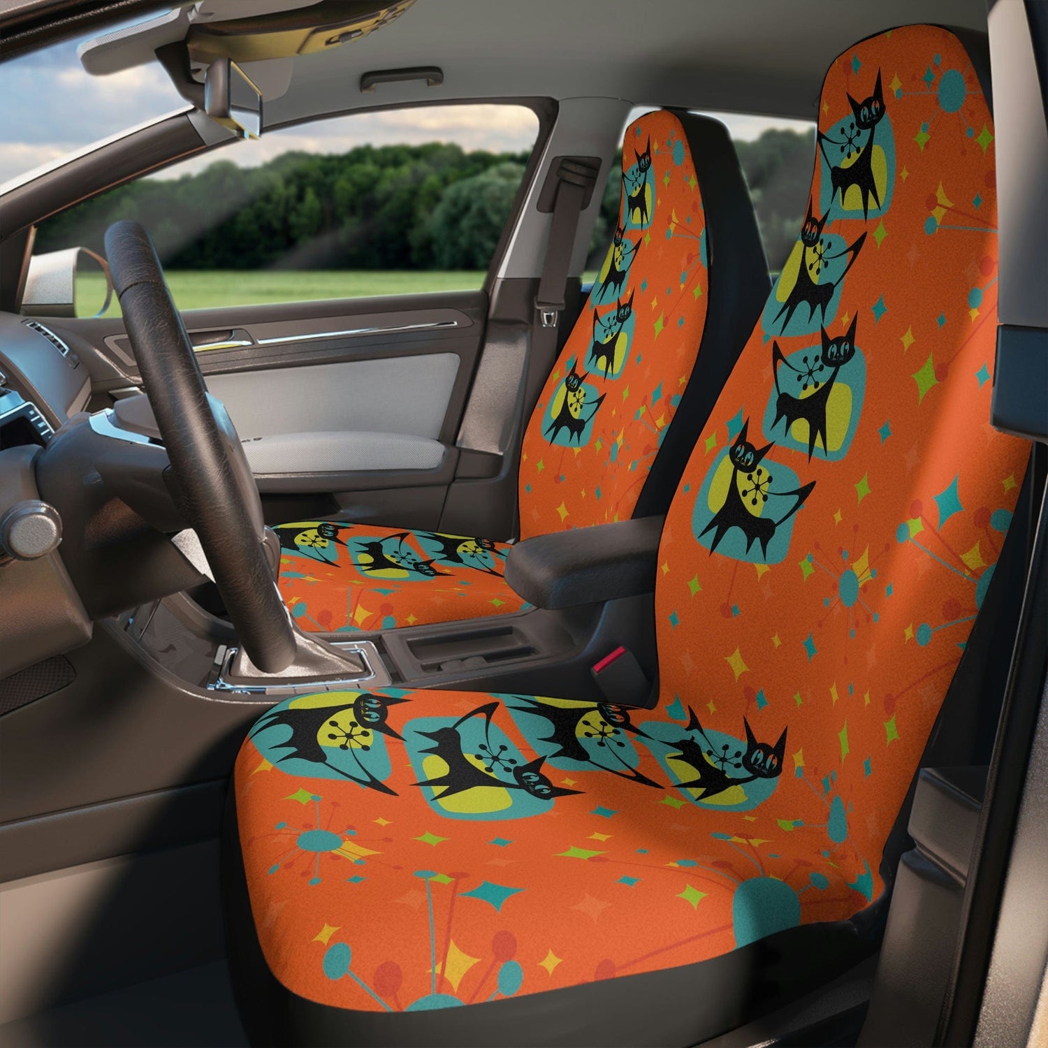 Crazy Cat Lady, Crazy Cat Mom, Kitschy Cute, Atomic Cat, Mid Century Modern Atomic Starburst, Orange, Teal, Yellow Retro Car Seat Covers All Over Prints 48.03&quot; × 18.50&quot; / Black