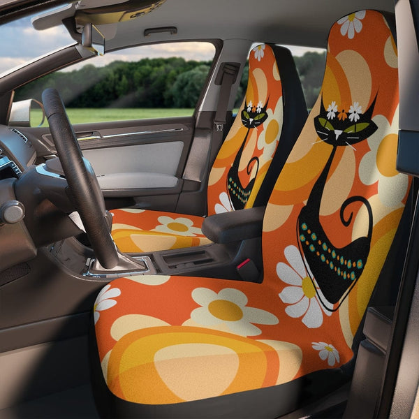 Hippie, 60's 70's, Mod Cat, Flower Power, Groovy, Orange Mod Daisy, Hipster Mid Mod, Car Seat Covers